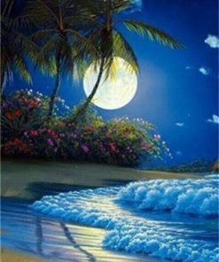 Beautiful Full Moon on Beach - Landscape Paint By Number