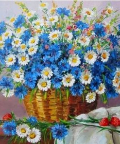 Blue And White Chamomiles Basket - Paint By Number