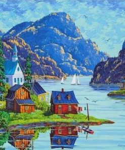 Log Cabins By Lake - Landscapes Paint By Number