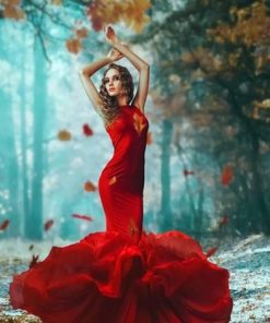Red Dressed Woman In Forest - Paint By Number
