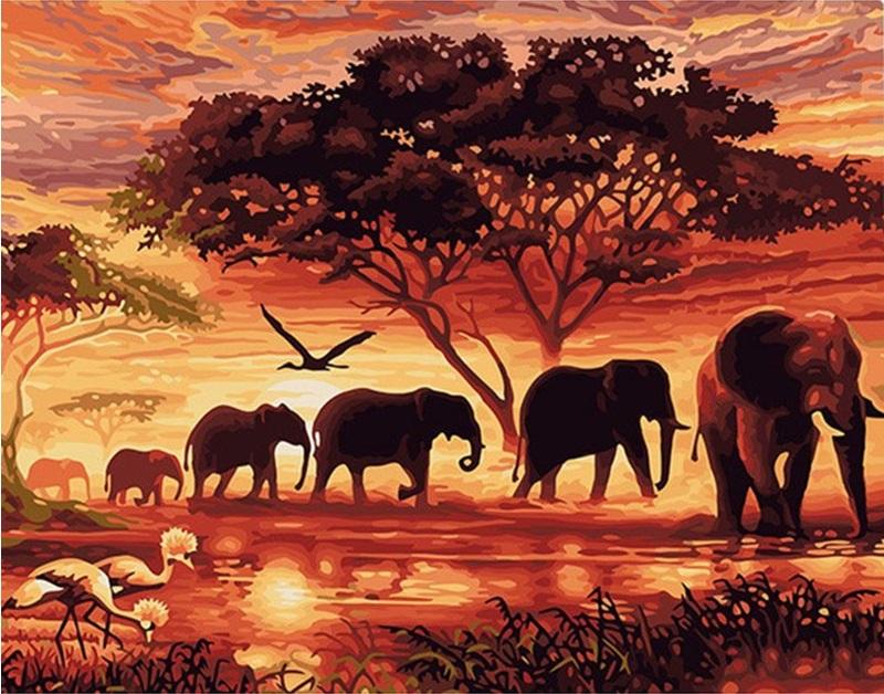 Elephants Landscape Canvas Painting Unique - DIY Paint By Numbers - Modern Paint