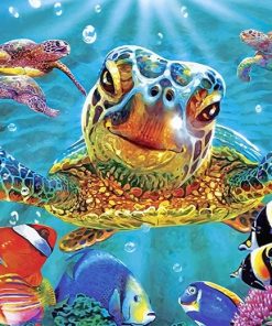 Turtle And Fish In The Ocean - Paint By Number