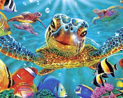 Turtle And Fish In The Ocean - Paint By Number