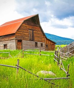 Barn In Green Field paint by number