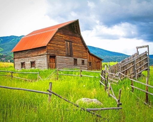 Barn In Green Field paint by number