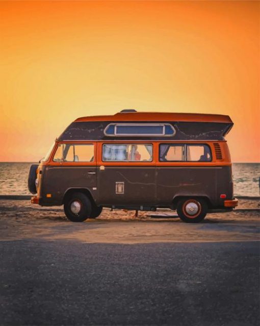 Orange And Black Van Parked On Shore paint by numbers