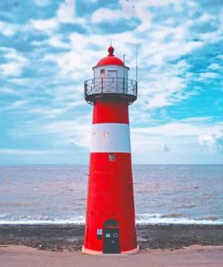 Red And White Lighthouse On Beach paint by numbers