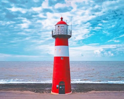 Red And White Lighthouse On Beach paint by numbers