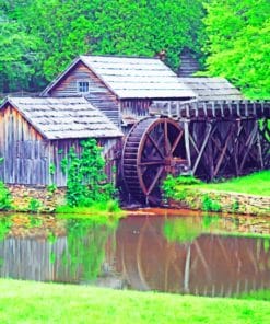 Mill And Cabins In Landscape paint by numbers