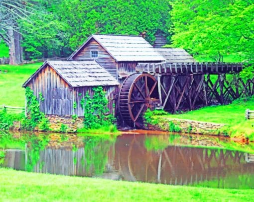 Mill And Cabins In Landscape paint by numbers