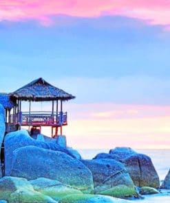 Hut On Stone Rock In Front Of Calm Sea paint by numbers