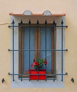 Window With Iron Guards On Yellow Building paint by numbers