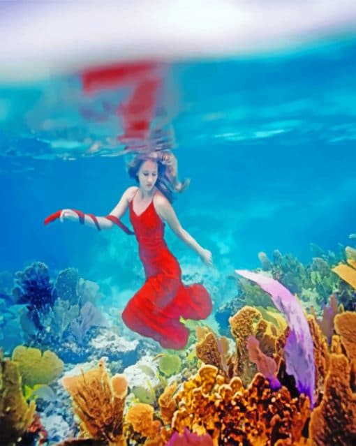 Girl With Red Dress Under Water paint by numbers