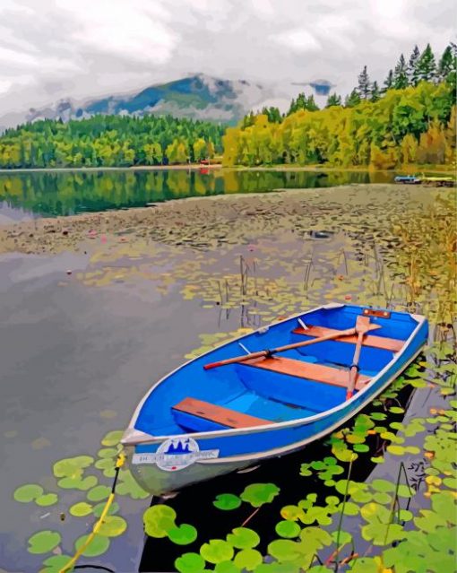 blue-Wooden-Canoe-in-Lake-paint-by-number