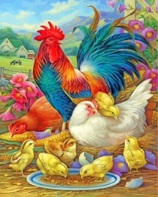 Roosters And Chicks Birds Paint by numbers