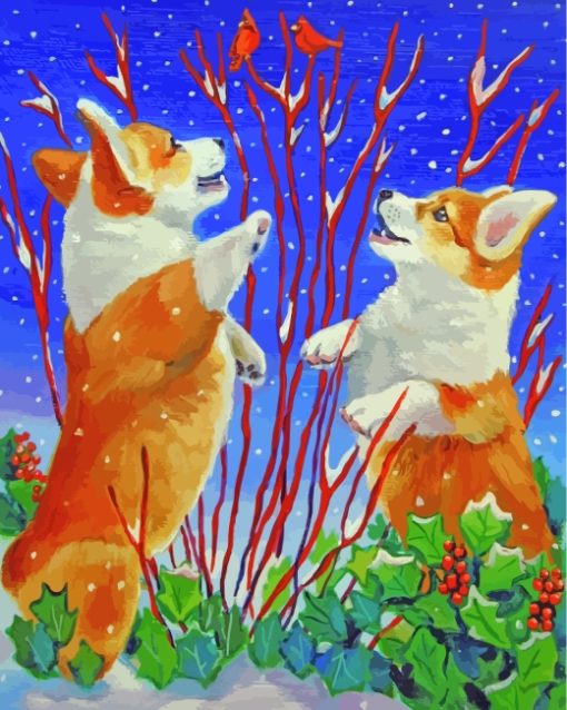 Corgi Dogs In Snow paint by numbers