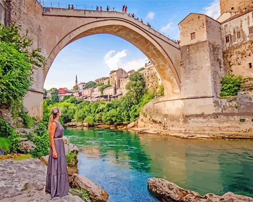 Woman Contemplating Mostar Bridge Bosnia paint by numbers