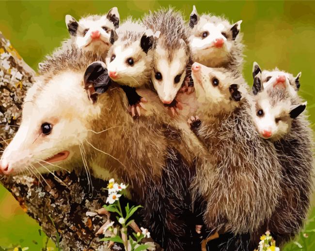 Opossum Animal And Her Kids paint by numbers