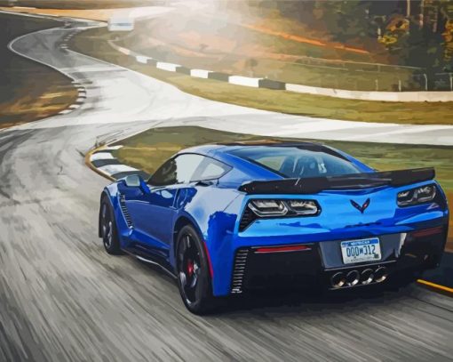 Blue corvette in the road paint by number