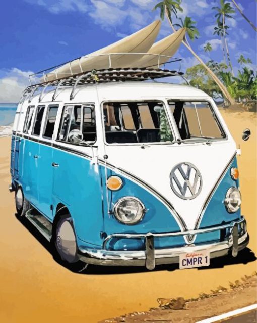 Blue Vw Camper On Beach Paint by numbers