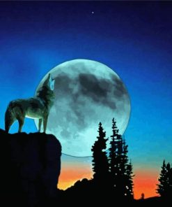 Aesthetic Ful Moon With Howling Wolf paint by numbers