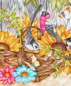 birds and basket of flowers paint by numbers