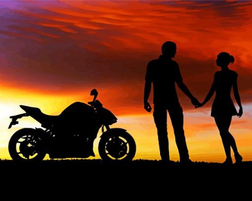 Silhouette Of A Couple And Motorcycle paint by numbers