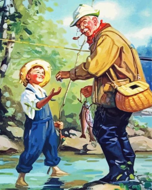 Vintage Grandpa Fishing With Grandson paint by numbers