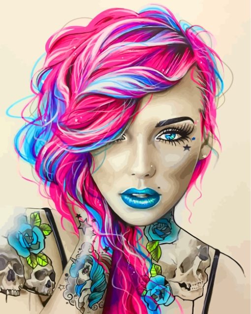 Pink Blue Hair Girl paint by numbers