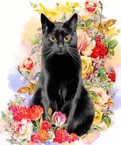 Black Cat And Flowers paint by numbers