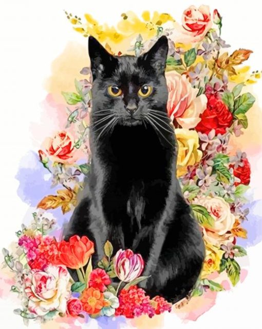 Black Cat And Flowers paint by numbers