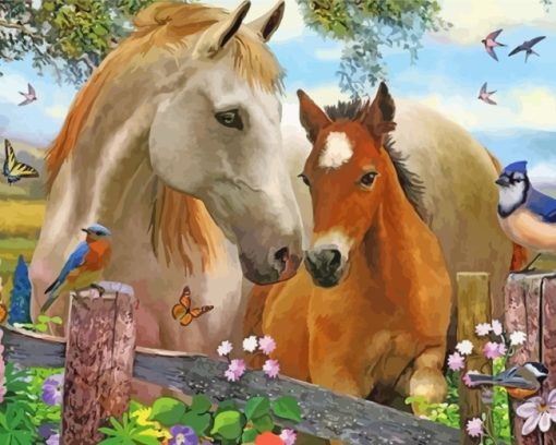 Horses With Birds And Flowers painting by numbers