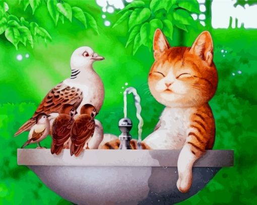 Cute Cat And Birds Paint By Numbers