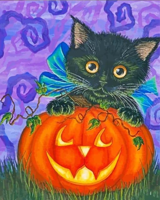 Black Kitten And Pumpkin Paint By Number