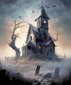 Haunted House With Graveyard Paint By Number