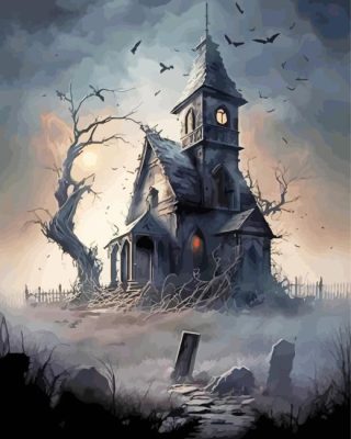 Haunted House With Graveyard Paint By Number