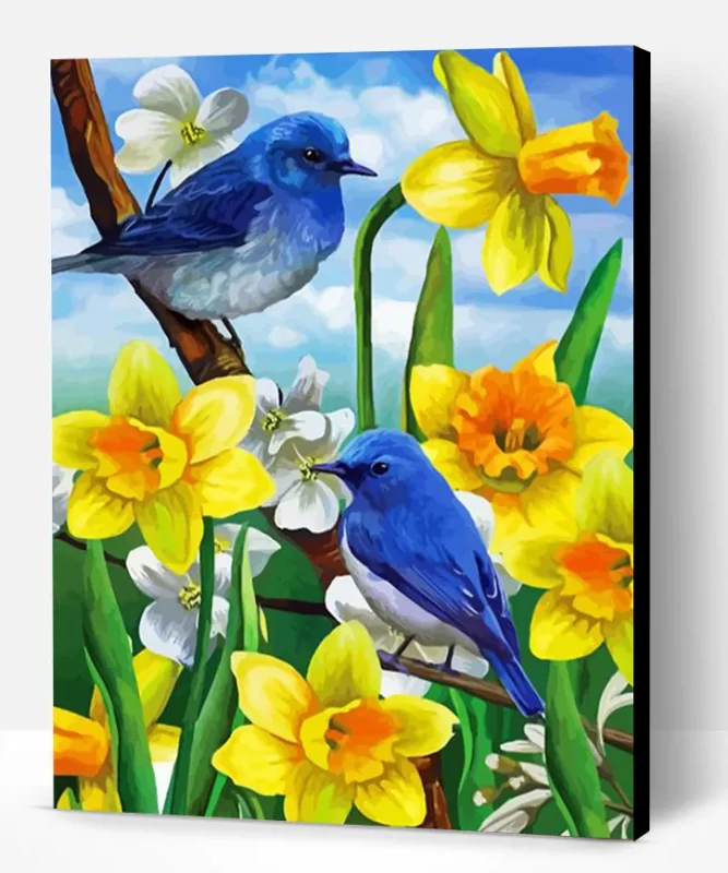 Blue Birds and Daffodils adult paint by numbers