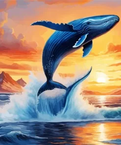 Blue whale jumping at sunset paint by number