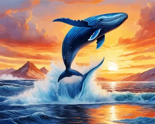 Blue whale jumping at sunset paint by number