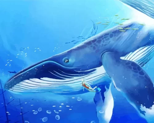 Blue whale with diver paint by numbers