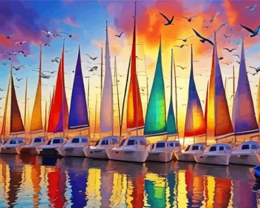 Colorful Sailboats at sunset paint by number