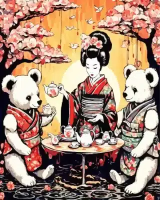 Geisha with teddy bears paint by number