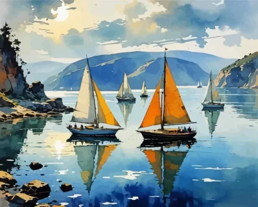 Sailboats in lake paint by numbers