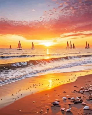 Sunrise scene and Sailboats paint by numbers