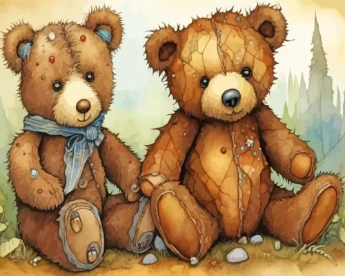 Two old teddy bears paint by number