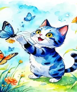 Happy Cat And Butterflies Paint by Number