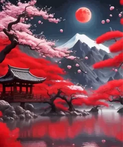 Red Japanese Landscape Paint by Number