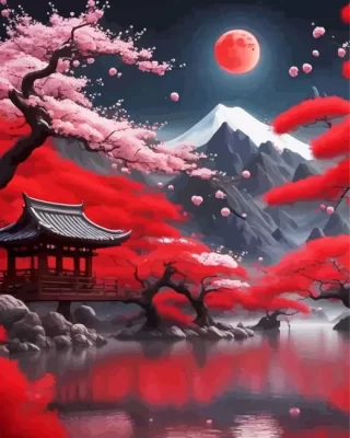 Red Japanese Landscape Paint by Number