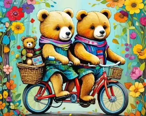 teddy bears on bicycle paint by numbers