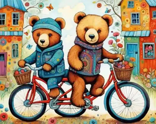 teddy bears on bicycles paint by number